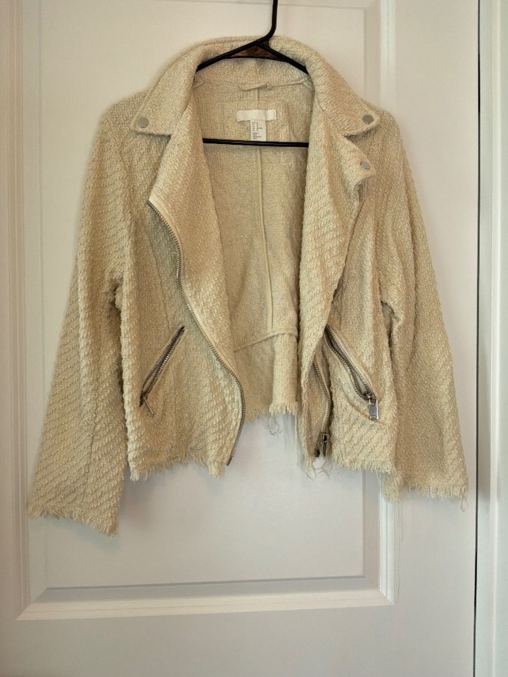 H&M Cream Textured Tweed Moto Biker Jacket Size 12